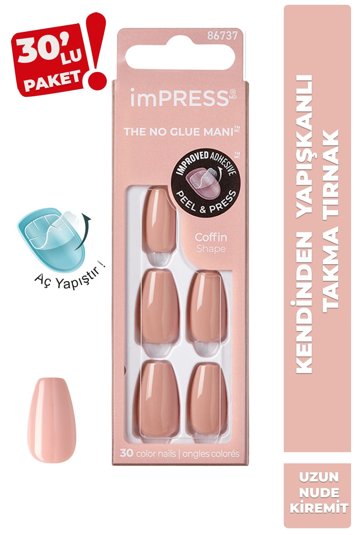 Kendinden Yapışkanlı Takma Tırnak Uzun Nude Kiremit