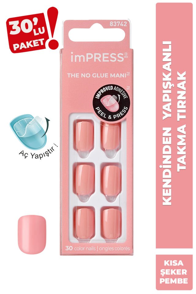 Kendinden Yapışkanlı Takma Tırnak Kısa Parlak Şeker Pembe