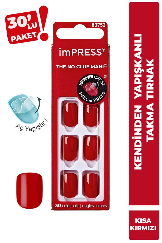 Kendinden Yapışkanlı Takma Tırnak Kısa Parlak Kırmızı