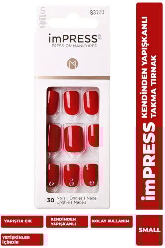 İmpress Kendinden Yapışkanlı Takma Tırnak Kısa Kırmızı Taşlı
