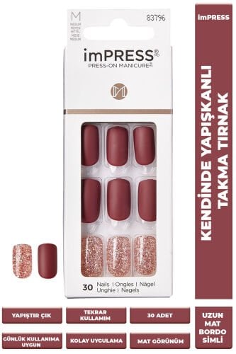 İmpress Kendinden Yapışkanlı Takma Tırnak Uzun Mat Bordo Simli