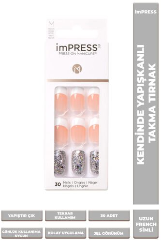İmpress Kendinden Yapışkanlı Takma Tırnak Uzun Simli Beyaz French