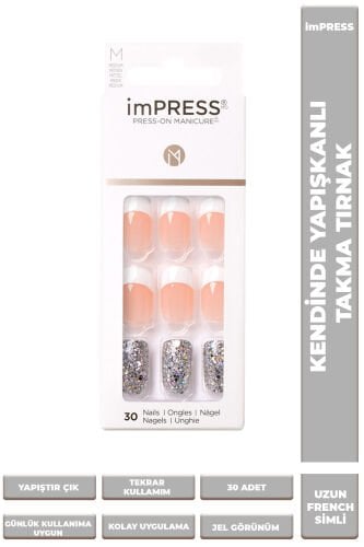 İmpress Kendinden Yapışkanlı Takma Tırnak Uzun Simli Beyaz French