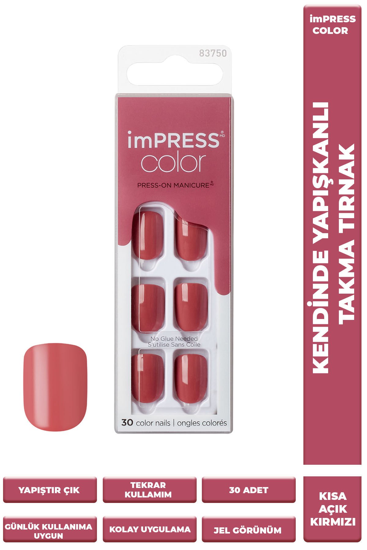Kendinden Yapışkanlı Takma Tırnak Kısa Açık Kırmızı