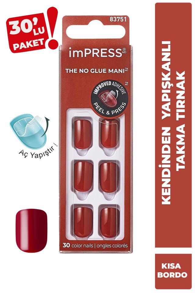 Kendinden Yapışkanlı Takma Tırnak Kısa Parlak Bordo