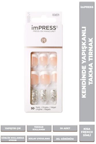 İmpress Kendinden Yapışkanlı Takma Tırnak Kısa French Taşlı