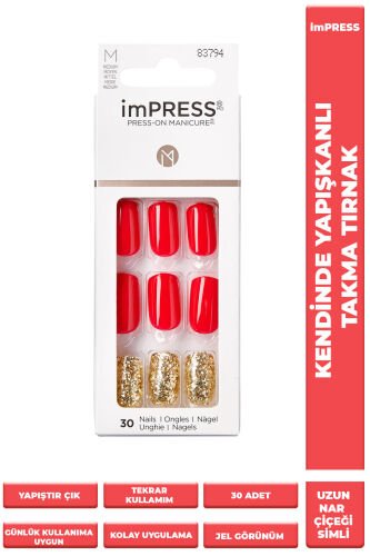 İmpress Kendinden Yapışkanlı Takma Tırnak Uzun Nar Çiçeği Simli