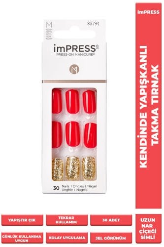 İmpress Kendinden Yapışkanlı Takma Tırnak Uzun Nar Çiçeği Simli